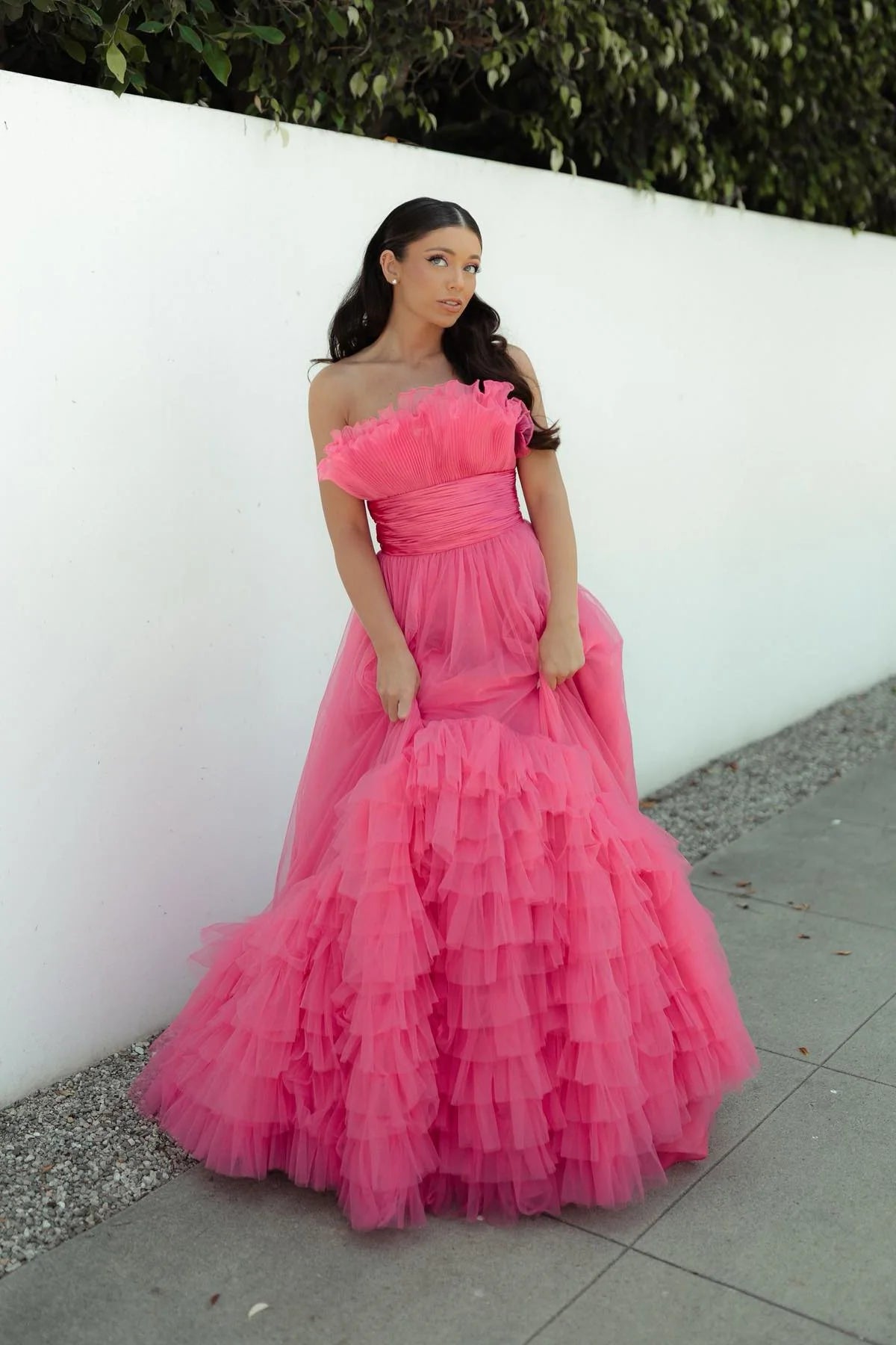 Formal Wear Dresses Strapless Pink Tulle Emprie Ruffles A-line Gown Prom Dress Stores With Prom Dresses