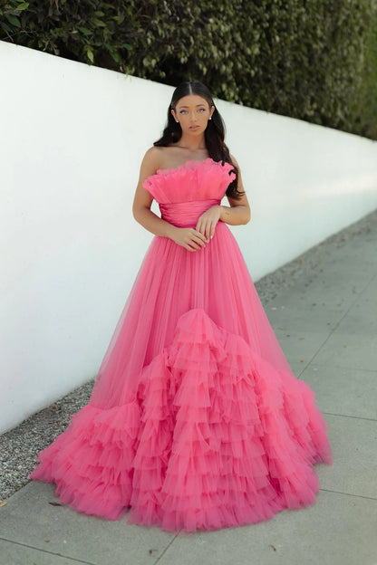 Formal Wear Dresses Strapless Pink Tulle Emprie Ruffles A-line Gown Prom Dress Stores With Prom Dresses