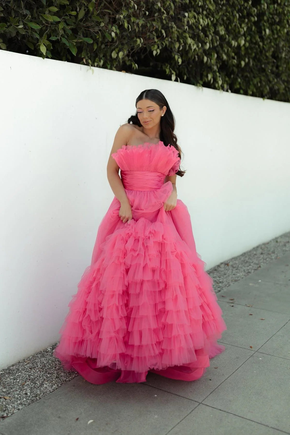 Formal Wear Dresses Strapless Pink Tulle Emprie Ruffles A-line Gown Prom Dress Stores With Prom Dresses