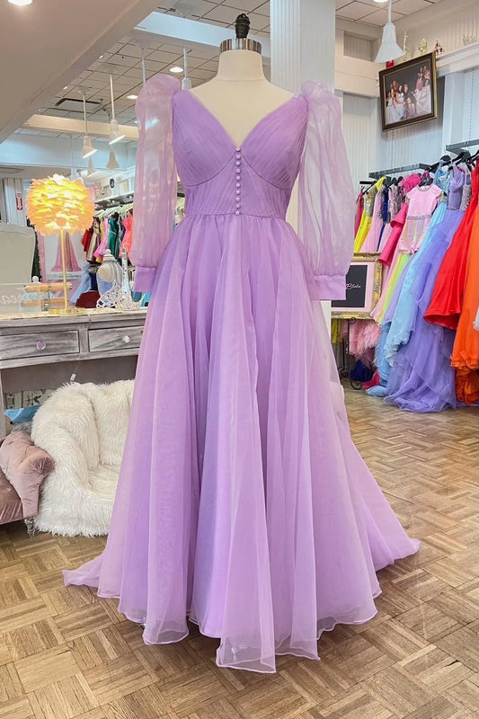 Formal Wear Dresses V Neck Lilac Long Sleeves Corset Tulle Long Formal Gown Prom Dress Stores With Prom Dresses