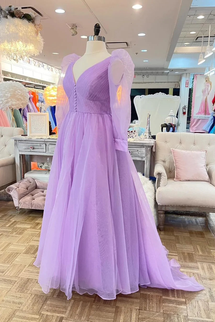 Formal Wear Dresses V Neck Lilac Long Sleeves Corset Tulle Long Formal Gown Prom Dress Stores With Prom Dresses