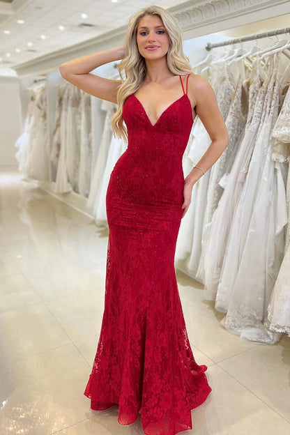 Formal Women's Dresses/Red Lace V Neck Mermaid Long Prom Dress/Dress For Formal