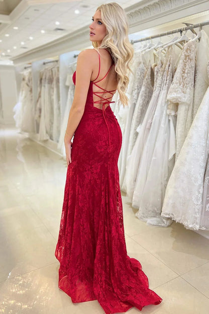 Formal Women's Dresses/Red Lace V Neck Mermaid Long Prom Dress/Dress For Formal
