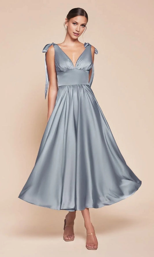 Formal Women's Dresses Satin V-neckline Ankle-length A-line Wedding-guest Dress Wide Waistband Prom Dress Prom Dress In Store