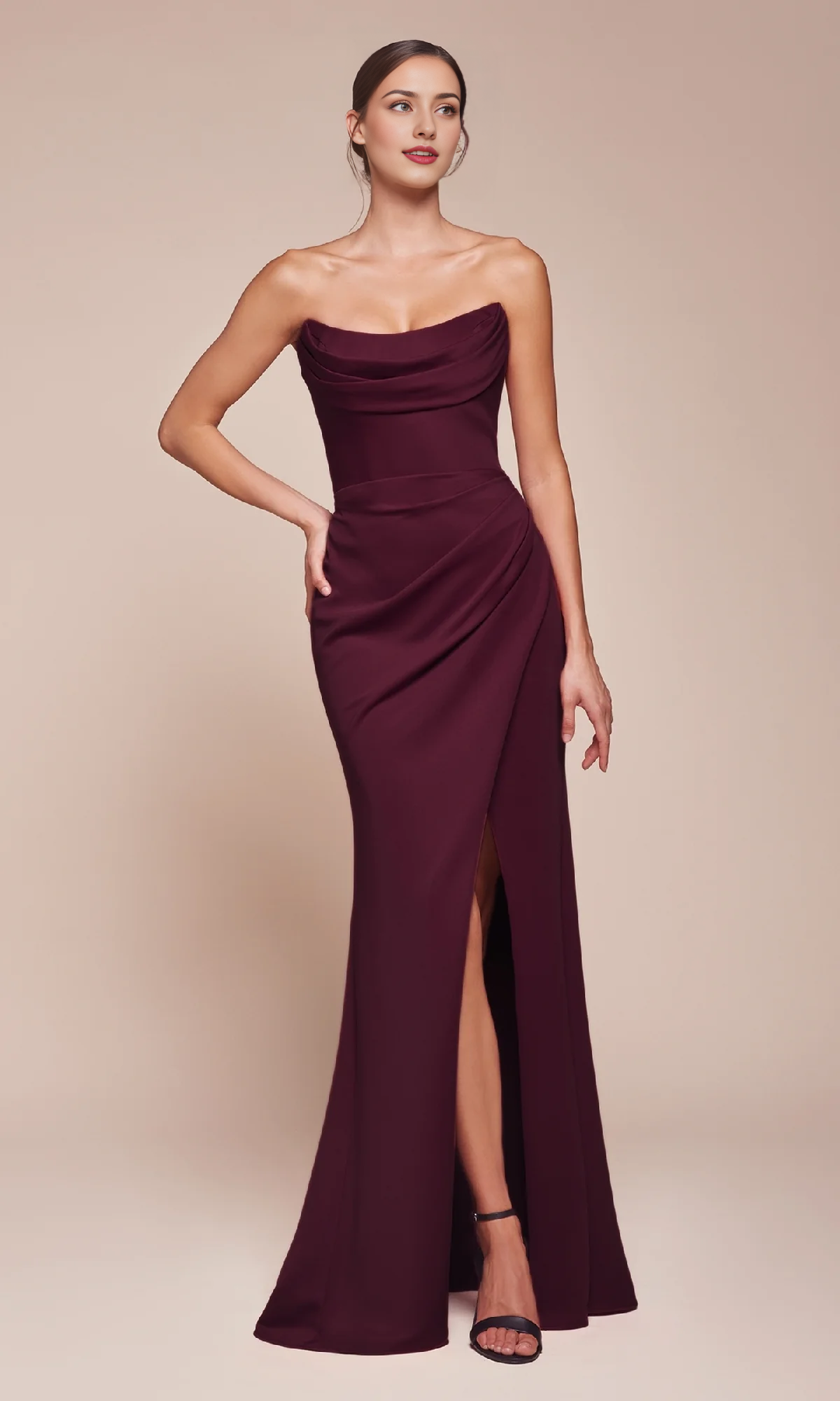 Formal Women's Dresses Scoop Gathered Neckline Strapless Long Simple With Slit Prom Dress Prom Dress In Store