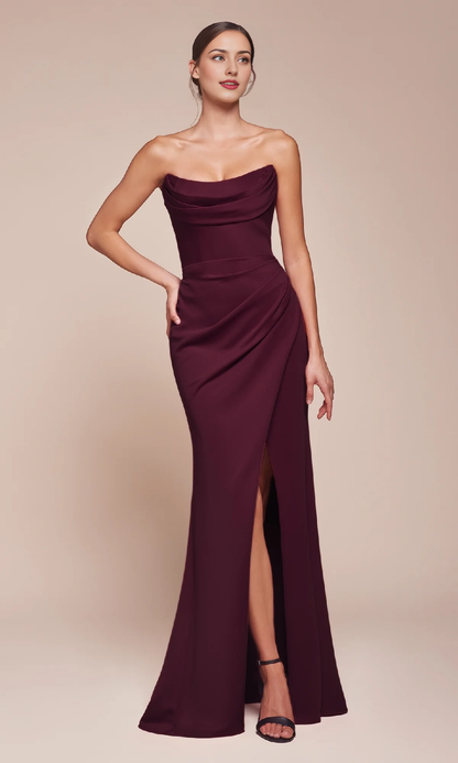 Formal Women's Dresses Scoop Gathered Neckline Strapless Long Simple With Slit Prom Dress Prom Dress In Store