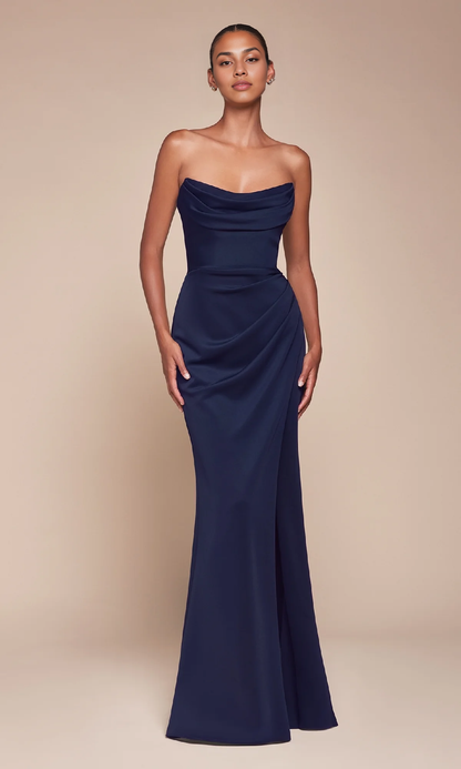 Formal Women's Dresses Scoop Gathered Neckline Strapless Long Simple With Slit Prom Dress Prom Dress In Store