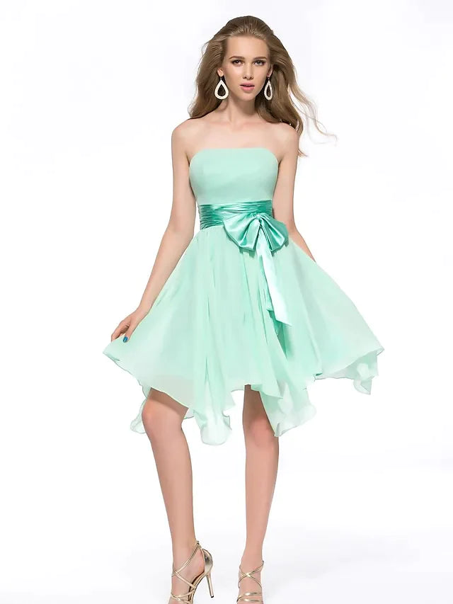 A-Line Minimalist Elegant Engagement Cocktail Party Dress Strapless Sleeveless Asymmetrical Knee Length Chiffon with Sash Ribbon Bow(s)