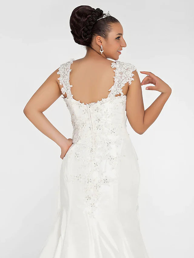 Wedding Dresses Square Neck Court Train Chiffon Regular Straps Vintage Sparkle & Shine Plus Size with Beading Appliques Side-Draped