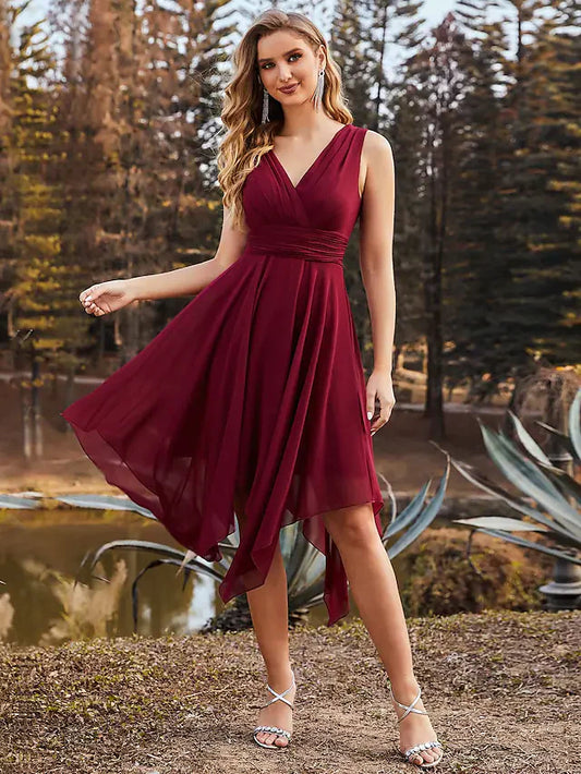 A-Line V Neck Asymmetrical Chiffon Bridesmaid Dress with Ruching