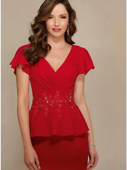 Mother of the Bride Dress Elegant & Luxurious Plunging Neck Jersey Short Sleeve with Beading Embroidery Ruching