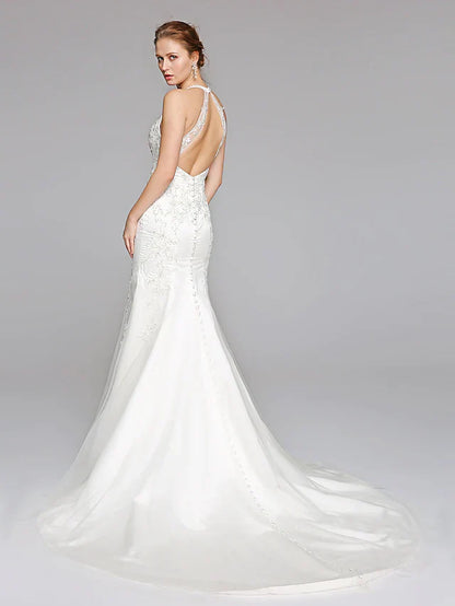 Wedding Dresses Halter NeckLace Over Tulle Regular Straps Sexy Illusion Detail Backless