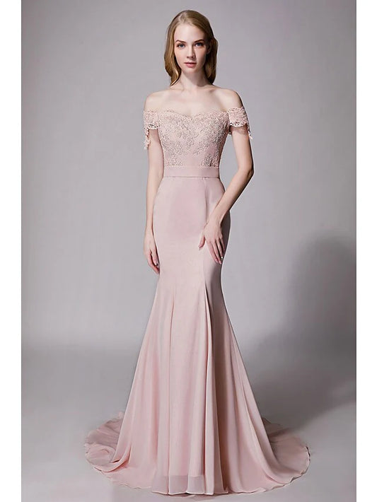 Sweetheart Neckline Court Train Chiffon Lace Bridesmaid Dress with Lace Sash Ribbon