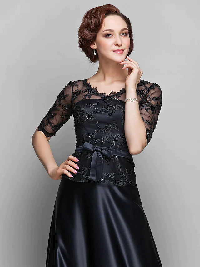 A-Line Mother of the Bride Dress See Through V Neck Floor Length Lace Satin Half Sleeve with Lace Bow(s) Beading