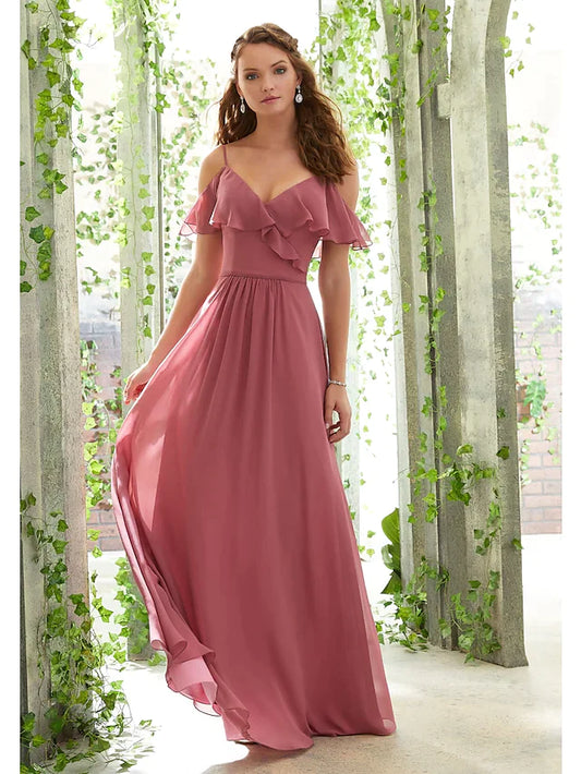 A-Line Spaghetti Strap Floor Length Chiffon Bridesmaid Dress with Ruffles Ruching Open Back