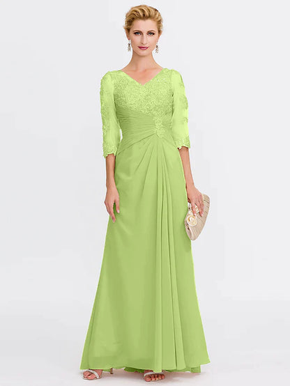 Mother of the Bride Dress Elegant See Through V Neck Floor Length Chiffon Sheer Lace Half Sleeve with Appliques Side Draping