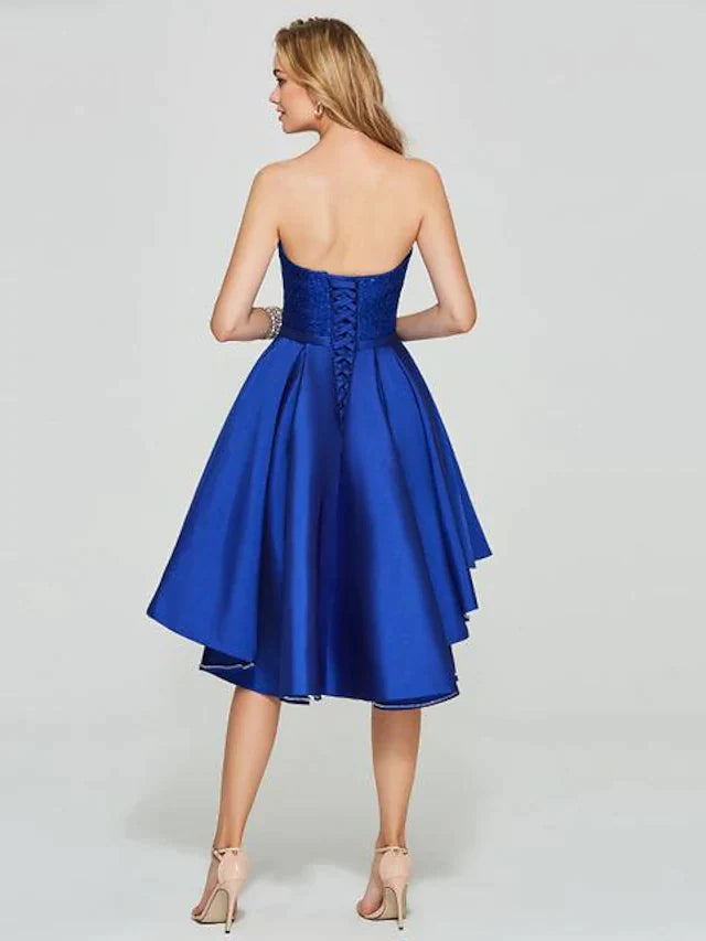 A-Line Minimalist Sexy Engagement Cocktail Party Dress Sweetheart Neckline Sleeveless Asymmetrical Short Mini Satin with Pleats