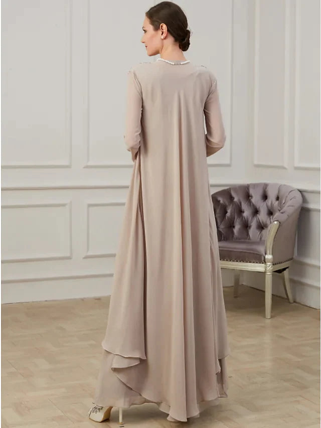 A-Line Mother of the Bride Dress Elegant Jewel Neck Floor Length Polyester Long Sleeve with Appliques