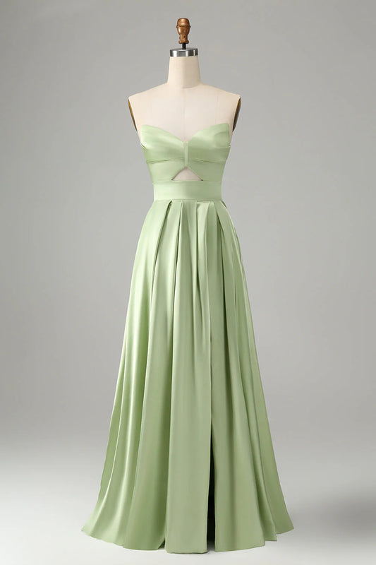 Green A-line Hollow OutLong Bridesmaid Dress With Slit