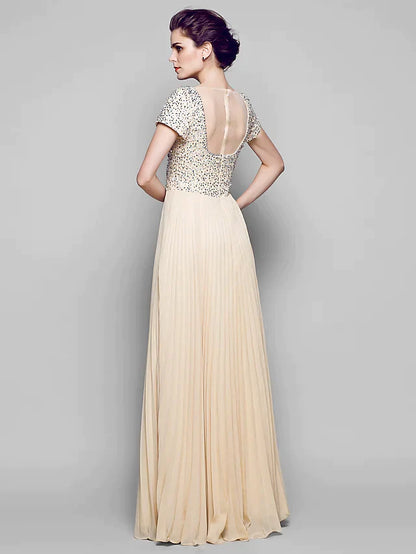 A-Line Mother of the Bride Dress Sparkle & Shine Bateau Neck Floor Length Chiffon Tulle Sequined Short Sleeve with Sequin