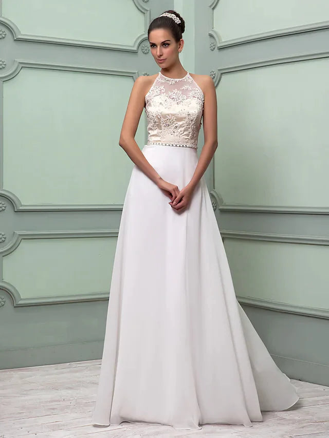 Wedding Dresses Jewel Neck Floor Length Chiffon Lace Regular Straps See-Through with Sash Ribbon Beading Split