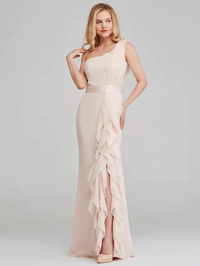 Shoulder Long Length Chiffon Bridesmaid Dress with Cascading Ruffles