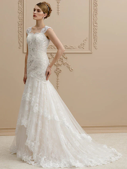 Wedding Dresses Square Neck Court Train Lace Over Tulle Regular Straps Wedding Dress in Color Floral Lace See-Through with Buttons Sequin Appliques