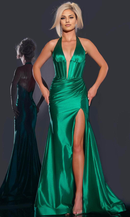 Quyihu Dresses Formal Satin Halter Sleeveless With Hight Slit Floor Length Prom Dress Stores With Prom Dresses