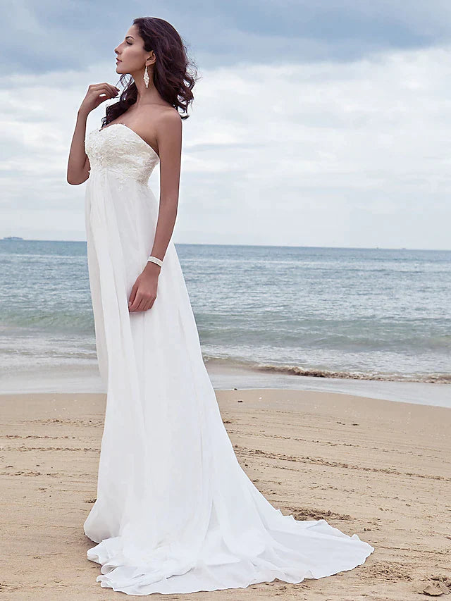 A-Line Wedding Dresses Sweetheart Neckline Court Train Chiffon Strapless Simple Beach Plus Size with Beading Appliques