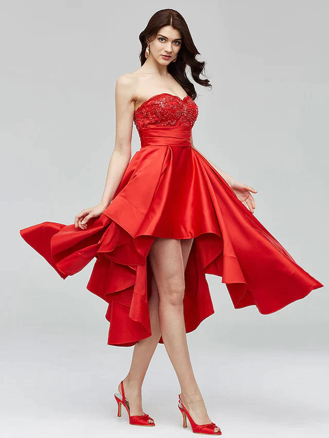 A-Line Fit & Flare Open Back Homecoming Cocktail Party Prom Dress Sweetheart Neckline Sleeveless Asymmetrical Satin with Beading Appliques