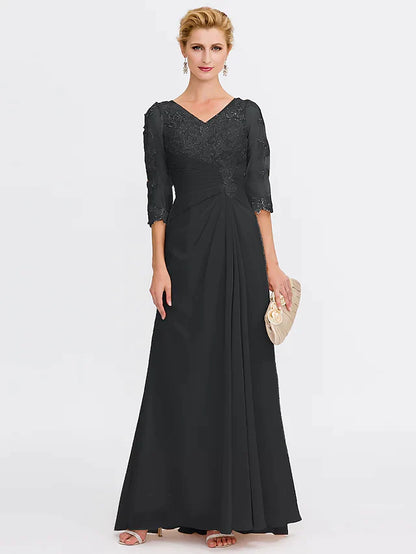 Mother of the Bride Dress Elegant See Through V Neck Floor Length Chiffon Sheer Lace Half Sleeve with Appliques Side Draping