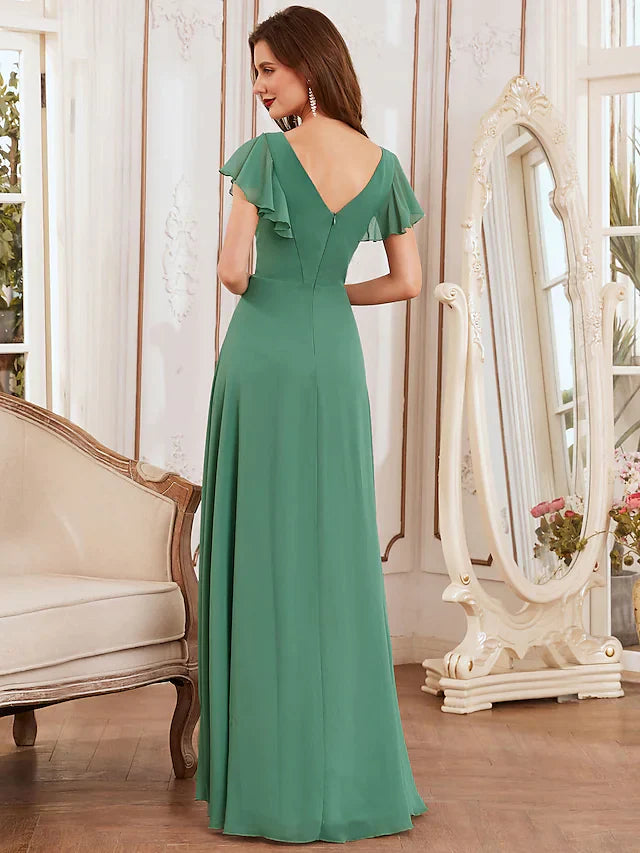 A-Line V Neck Asymmetrical Chiffon Bridesmaid Dress with Ruffles