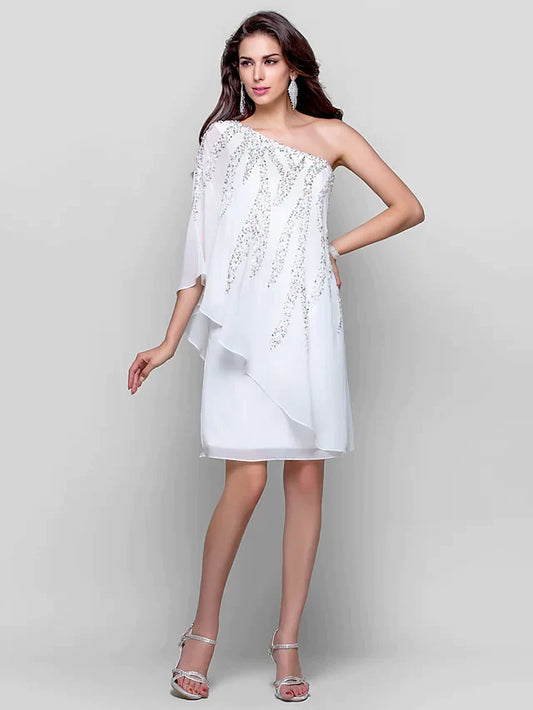 Sparkle White Wedding Guest Cocktail Party Dress One Shoulder Sleeveless Knee Length Chiffon with Sequin