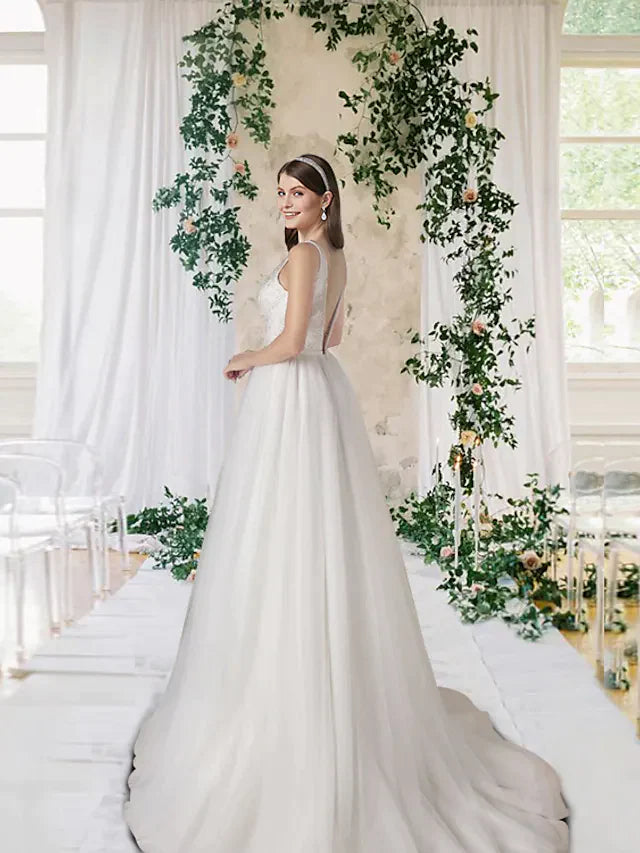 A-Line Wedding Dresses V Neck Court Train Lace Tulle Sleeveless Romantic Simple with Sequin