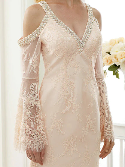 Wedding Dresses Plunging Neck Sheer Lace Long Sleeve Wedding Dress in Color Open Back Floral Lace with Bow(s) Crystals