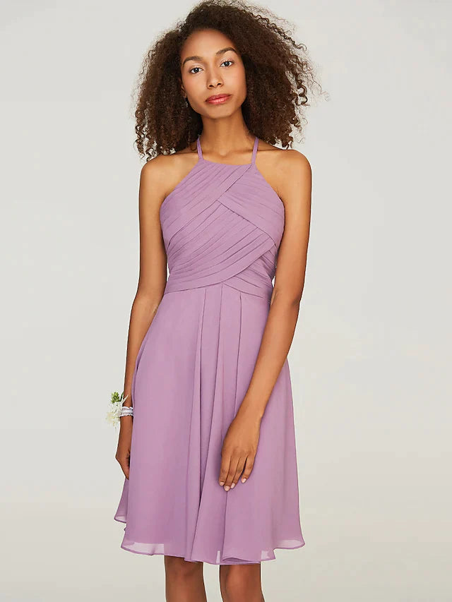 A-Line Halter Neck Knee Length Chiffon Bridesmaid Dress with Ruffles