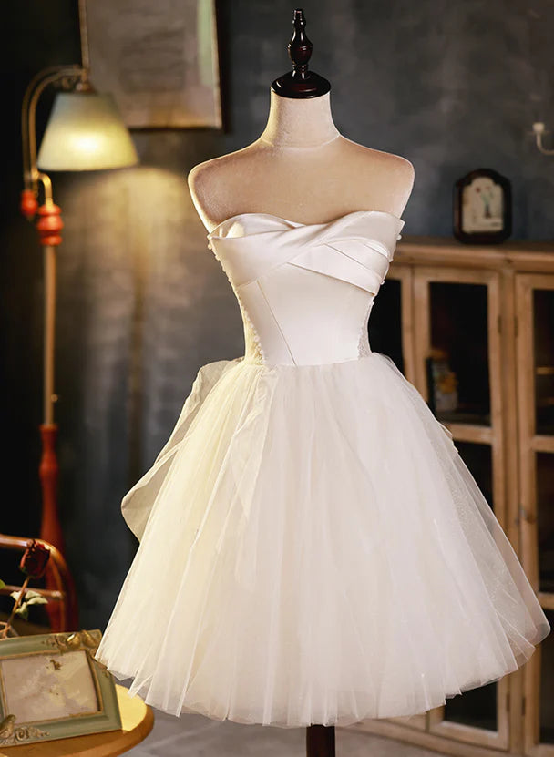 A-Line Ivory Tulle and Satin Short Homecoming Dress Graduation Dress