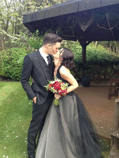 Ball Gown Wedding Dresses Halter Neck Floor Length Satin Tulle Regular Straps Black Modern with Appliques