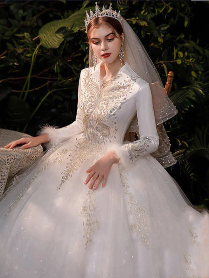 Princess Ball Gown Wedding Dresses V Neck Floor Length Lace Tulle Long Sleeve Romantic Sparkle & Shine with Appliques