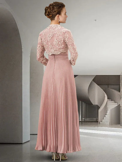 Two Piece A-Line Mother of the Bride Dress Elegant Sweetheart Neckline Floor Length Chiffon Lace Long Sleeve with Pleats Appliques