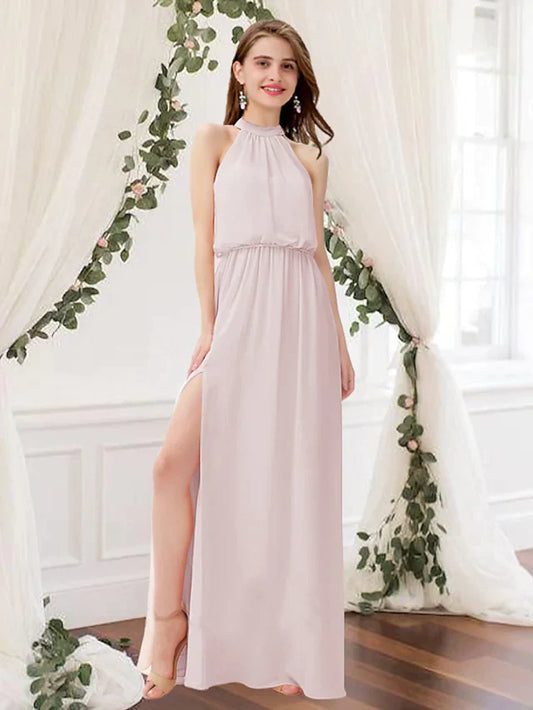 High Neck Floor Length Chiffon Bridesmaid Dress with Pleats Split Front