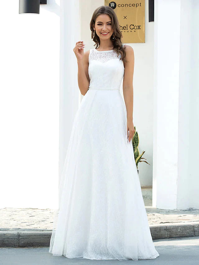 A-Line Wedding Dresses Jewel Neck Floor Length Lace Tulle Sleeveless Country Casual