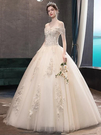 Princess Ball Gown Wedding Dresses Off Shoulder Floor Length Lace Tulle Sequined Short Sleeve Formal Romantic Luxurious Sparkle & Shine with Pleats Appliques