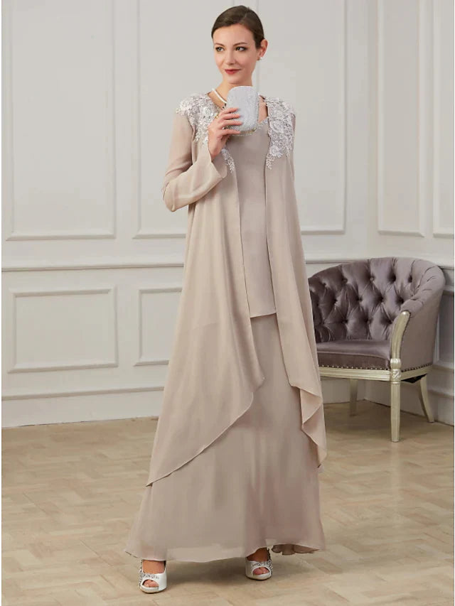 A-Line Mother of the Bride Dress Elegant Jewel Neck Floor Length Polyester Long Sleeve with Appliques