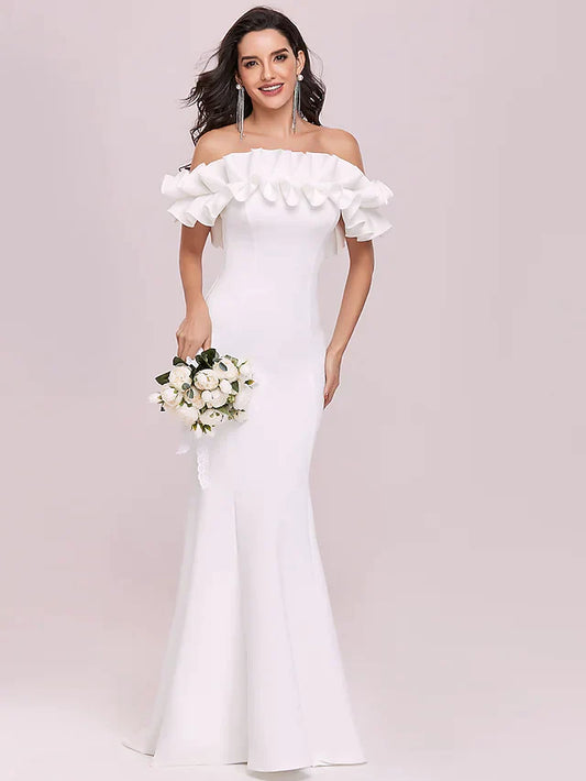 Wedding Dresses Spaghetti Strap Off Shoulder Stretch Fabric Cap Sleeve Romantic Elegant with Ruffles