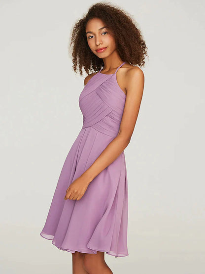 A-Line Halter Neck Knee Length Chiffon Bridesmaid Dress with Ruffles