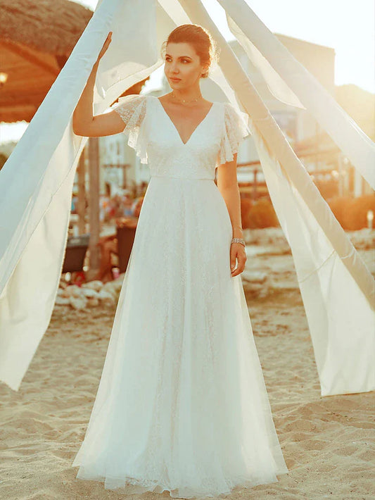 A-Line Wedding Dresses V Neck Floor Length Lace Short Sleeve Simple Casual Boho Illusion Detail Backless with Lace