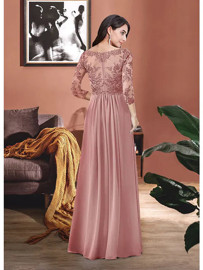 Mother of the Bride Dress Elegant V Neck Floor Length Chiffon Lace 3/4 Length Sleeve with Pleats Appliques Crystal Brooch