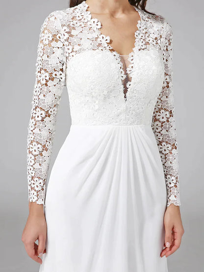 Wedding Dresses V NeckChiffon Floral Lace Long Sleeve Romantic Boho Illusion Sleeve with Lace Button