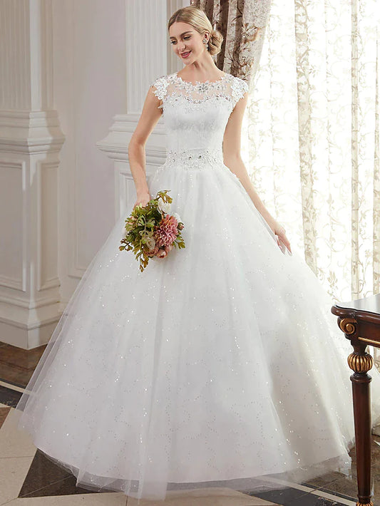 Ball Gown Wedding Dresses Jewel Neck Floor Length Lace Over Tulle Cap Sleeve Romantic Illusion Detail with Beading Appliques